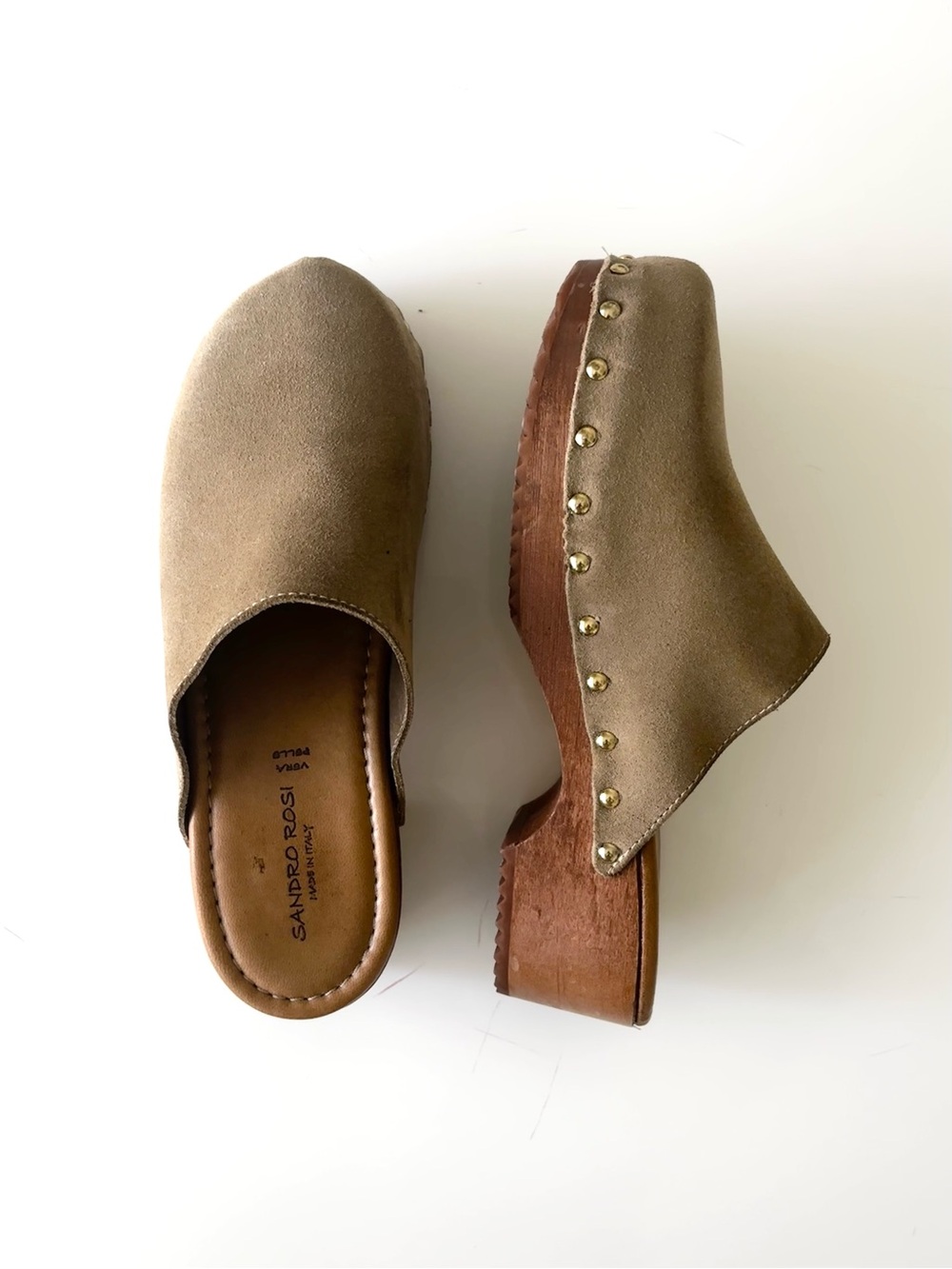 Suede Studded Tan Clog Mules | Made in Italy